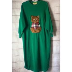 Vintage Beanzie Green Cat Nightgown Shirt Dress 1990s Fuzzy Cat Applique Bell